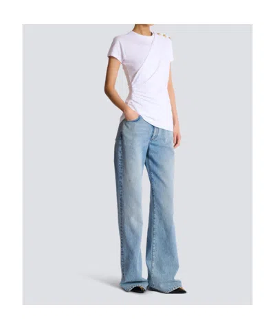 Balmain Cotton T-shirt With Button Detail And Draped Design In White