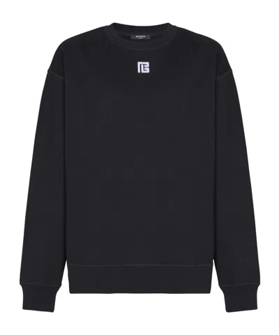 Balmain Cotton Sweatshirt With Pb Embroidery In Black