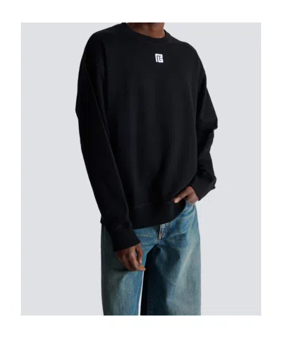 Balmain Cotton Sweatshirt With Pb Embroidery In Black