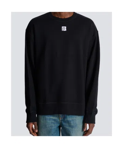 Balmain Cotton Sweatshirt With Pb Embroidery In Black