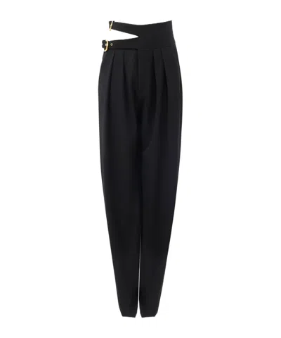 Chloé Buckle Keyhole High Waist Wool Straight Leg Pants In Black