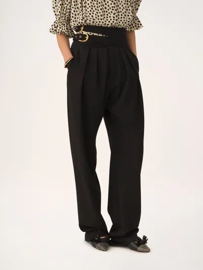 Chloé Buckle Keyhole High Waist Wool Straight Leg Pants In Black
