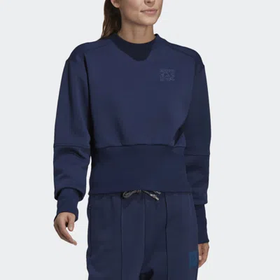 Adidas Originals (wmns) Adidas X Karlie Kloss Crossover Sweat Crew Solid Color Splicing Sports Pullover Hoodless Hood In Blue
