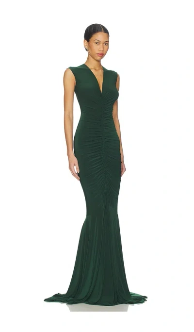 Norma Kamali X Revolve Sleeveless Deep V Neck Shirred Front Fishtail Gown In Green
