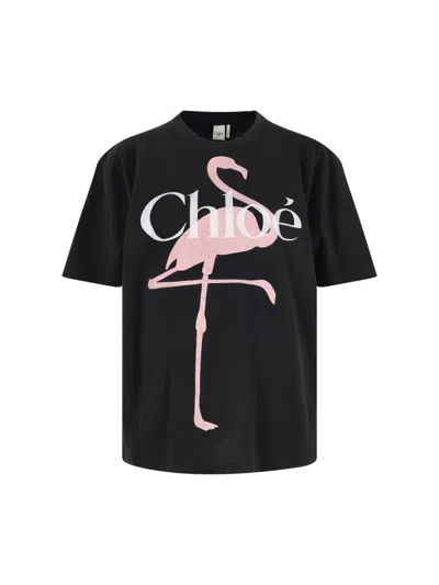 Chloé Women Black Crewneck T-shirt With Maxi Logo Print On The Front In Cotton Woman In Black