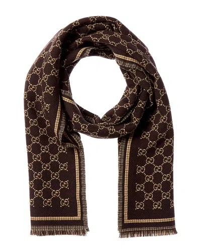 Gucci Patterned Rectangular Wool Scarf In Brown