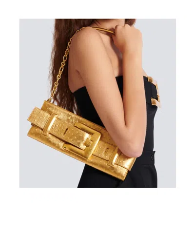 Balmain Anthem Laminated Leather Clutch In Gold