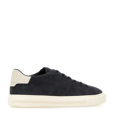 Hogan Suede Sneakers Contrasting Heel Tab Rubber Sole In Blue