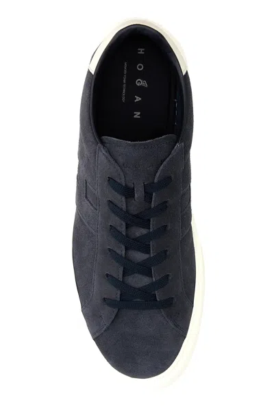 Hogan Suede Sneakers Contrasting Heel Tab Rubber Sole In Blue
