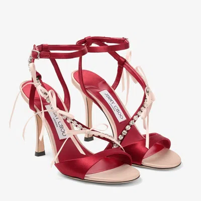 Jimmy Choo Lula Red Heeled Sandals With Crystal Straps And Shaped Bows In Satin Woman In Pink
