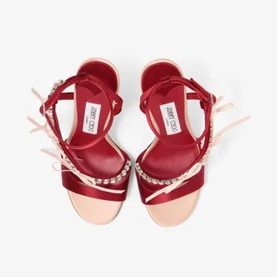 Jimmy Choo Lula Red Heeled Sandals With Crystal Straps And Shaped Bows In Satin Woman In Pink