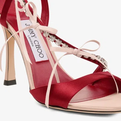 Jimmy Choo Lula Red Heeled Sandals With Crystal Straps And Shaped Bows In Satin Woman In Pink