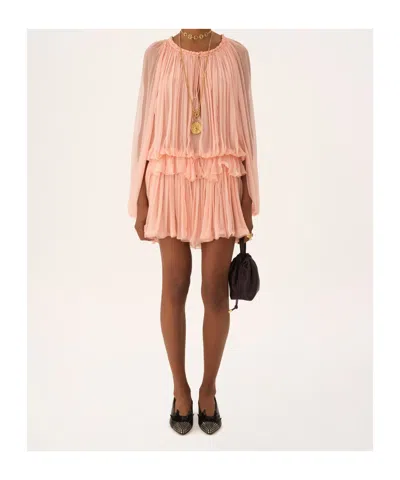 Chloé Women Pink Mini Dress With Drawstring On The Front And Cape Design In Silk Woman In Neutral