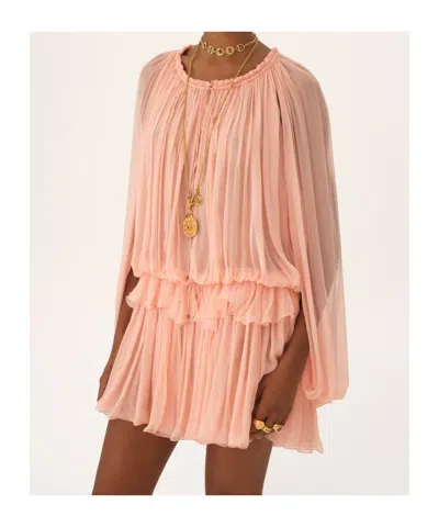 Chloé Women Pink Mini Dress With Drawstring On The Front And Cape Design In Silk Woman In Neutral