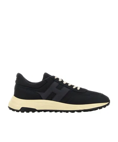 Hogan Leather Sneakers Contrasting Sole Round Toe In Black