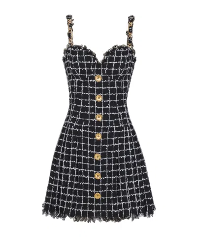 Balmain Chain-detail Checked Tweed Minidress In Black