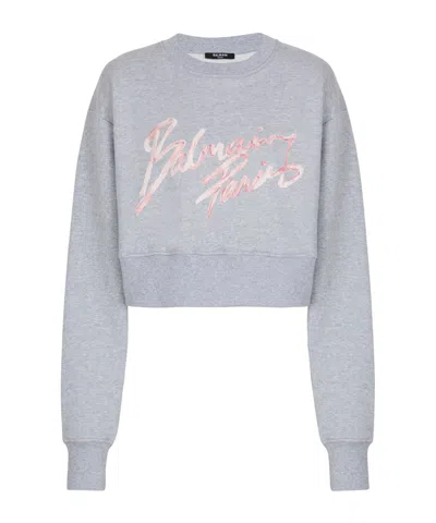 Balmain Cropped Printed Cotton Sweatshirt In Gray