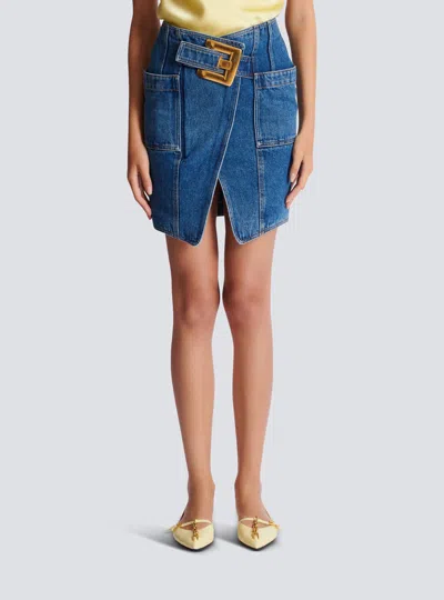 Balmain Short Denim Skirt With Belt In Blue