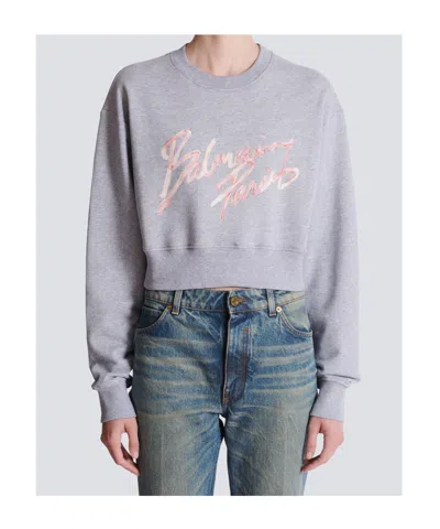 Balmain Cropped Printed Cotton Sweatshirt In Gray