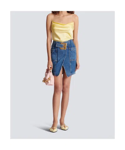 Balmain Short Denim Skirt With Belt In Blue