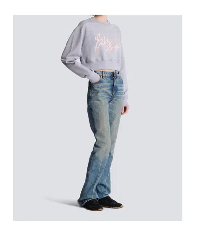 Balmain Cropped Printed Cotton Sweatshirt In Gray