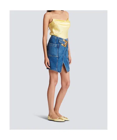 Balmain Short Denim Skirt With Belt In Blue
