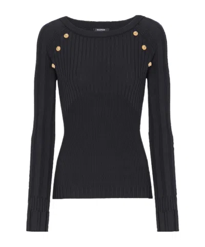 Balmain Sweater Three Buttons Crew Neck Ribbed In Black