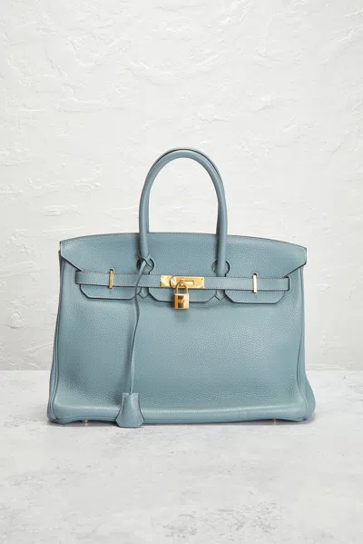 Pre-owned Hermes Taurillon Clemence Birkin 35 Retourne Handbag In Blue