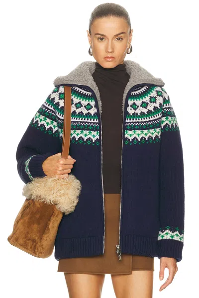 Miu Miu Wool Oversized Cardigan High Collar Patterned In Blue