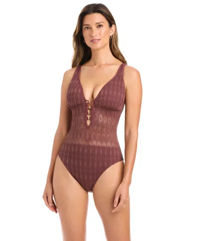 Bleu Rod Beattie Women's Sunkissed Crochet Over-the-shoulder Swimsuit In Brown