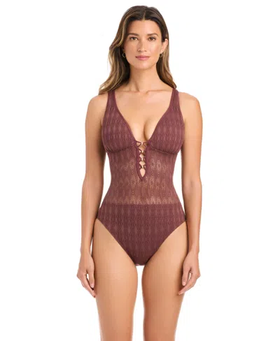 Bleu Rod Beattie Women's Sunkissed Crochet Over-the-shoulder Swimsuit In Brown