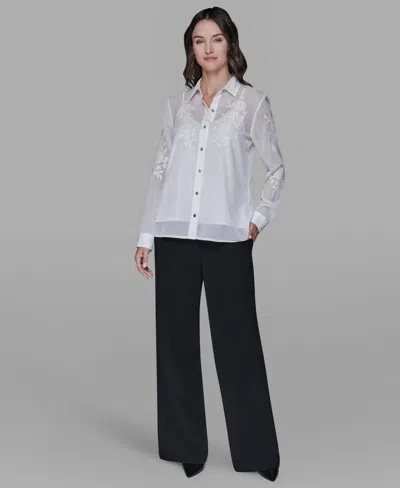 Karl Lagerfeld Women's Long-sleeve Embroidered Flower Blouse In White