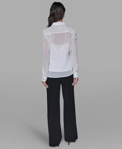 Karl Lagerfeld Women's Long-sleeve Embroidered Flower Blouse In White