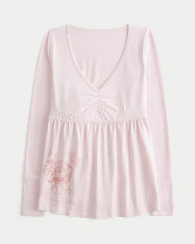 Hollister Long-sleeve Pinch Bust Graphic Babydoll Top In Pink
