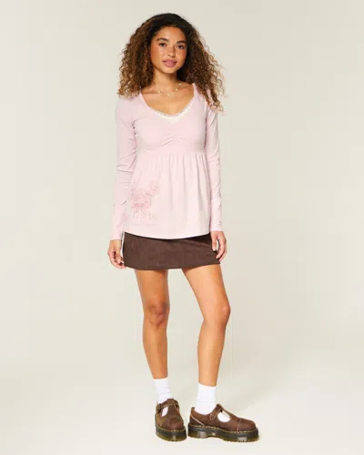 Hollister Long-sleeve Pinch Bust Graphic Babydoll Top In Pink