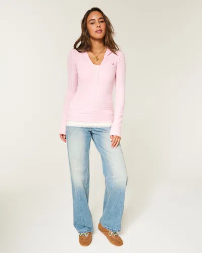 Hollister Long-sleeve Hooded Henley In Pink