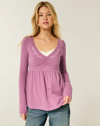 Hollister Long-sleeve Pinch Bust Babydoll Top In Purple