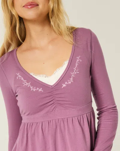 Hollister Long-sleeve Pinch Bust Babydoll Top In Purple
