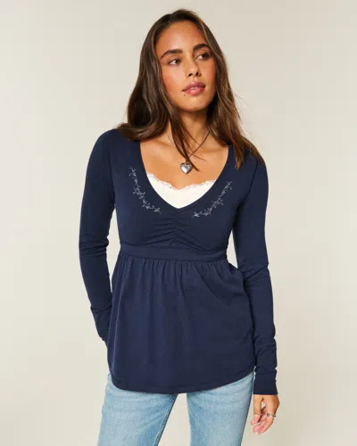Hollister Long-sleeve Pinch Bust Babydoll Top In Blue