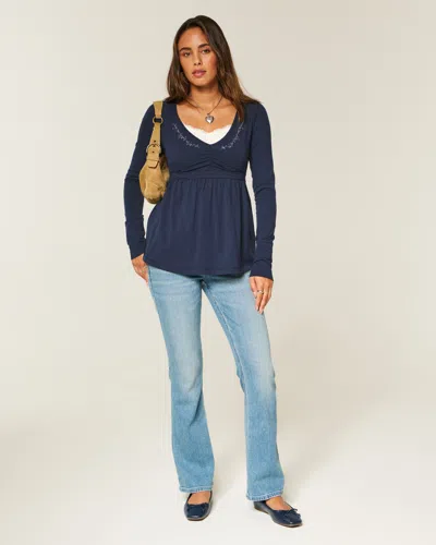 Hollister Long-sleeve Pinch Bust Babydoll Top In Blue