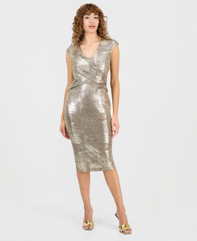 Connected Women's Metallic Print Cap Sleeve Sheath Dress In Brown