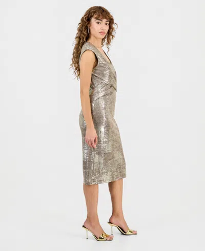 Connected Women's Metallic Print Cap Sleeve Sheath Dress In Brown