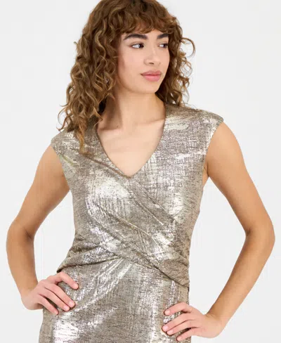 Connected Women's Metallic Print Cap Sleeve Sheath Dress In Brown