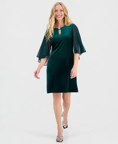 Connected Women's Capelet-sleeve Stretch Velvet Sheath Dress In Green