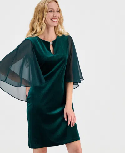 Connected Women's Capelet-sleeve Stretch Velvet Sheath Dress In Green