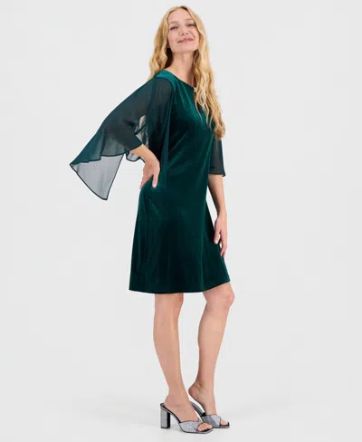 Connected Women's Capelet-sleeve Stretch Velvet Sheath Dress In Green