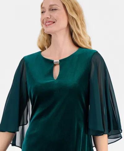 Connected Women's Capelet-sleeve Stretch Velvet Sheath Dress In Green