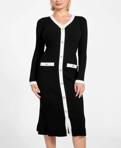 Guess Women's Long-sleeve V-neck Sweater Dress In Black