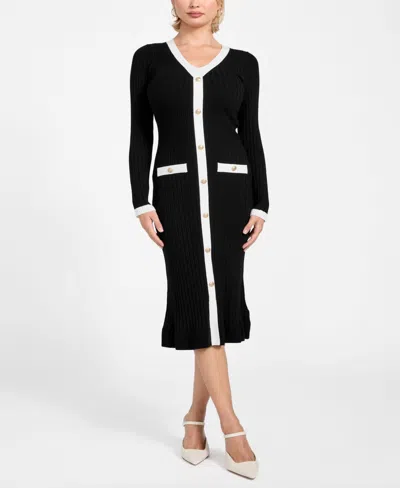 Guess Women's Long-sleeve V-neck Sweater Dress In Black