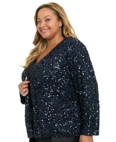 Muse Plus Size Sequined V-neck Jacket In Blue
